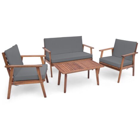 Set divano legno acacia cuscini morbidi sedile schienale 4 pezzi grigio