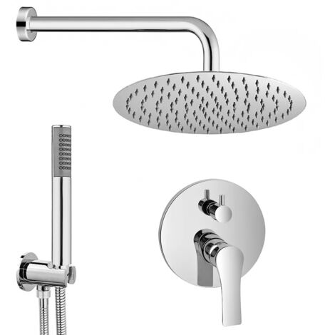 Set doccia cromo braccio 40 cm + soffione 20 cm + miscelatore e kit doccia Flat