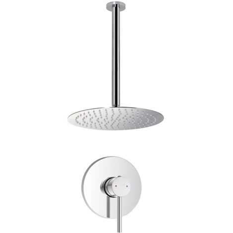 Set doccia in ottone con rubinetto doccia a incasso tondo braccio verticale e soffione tondo 20 cm cromo