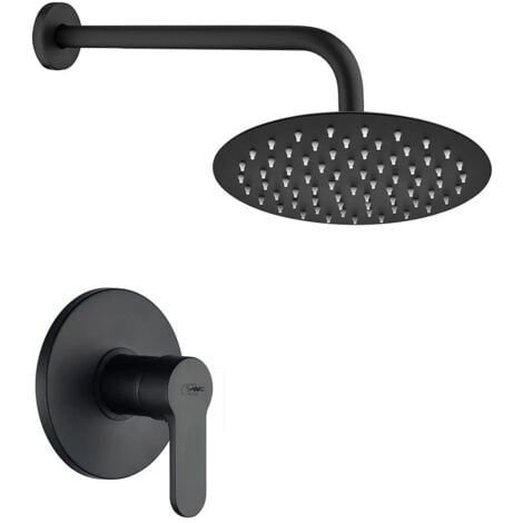 Set doccia incasso Paco nero opaco con braccio e soffione tondo 25 cm