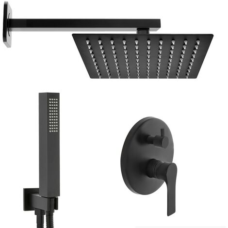 Set doccia nero opaco completo di soffione quadrato 25x25 cm, kit doccetta e miscelatore