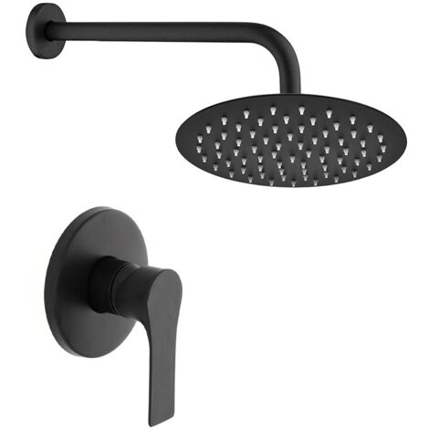 Set doccia nero opaco con braccio 35cm, soffione 25cm e miscelatore linea Flat
