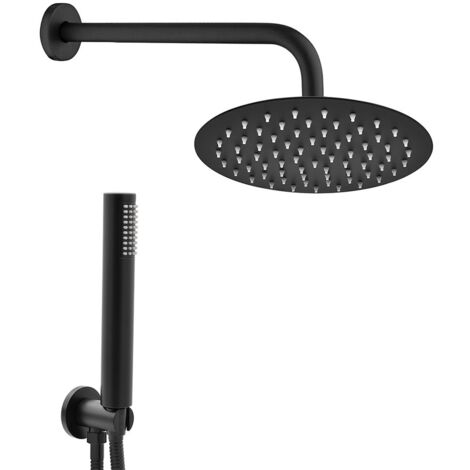 Set doccia nero opaco in acciaio con soffione 30cm braccio 35cm e kit doccino