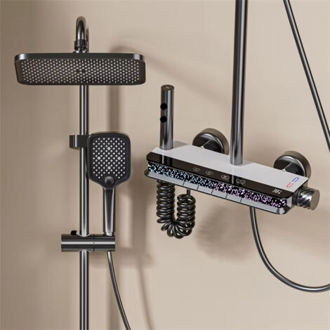 Set doccia per bagno, con rubinetto per acqua calda e fredda e display per il controllo della temperatura.