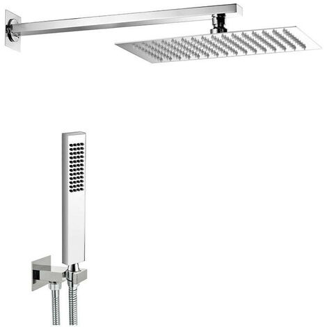 Set Doccia STEEL RETTANGOLO in Inox Cromato con Braccio Doccia + Soffione Rettangolare 200x200 mm