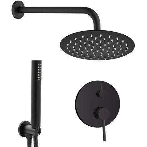 Set doccia York nero opaco con miscelatore, braccio 30 cm, soffione 25cm e kit con doccino, flessibile e presa acqua