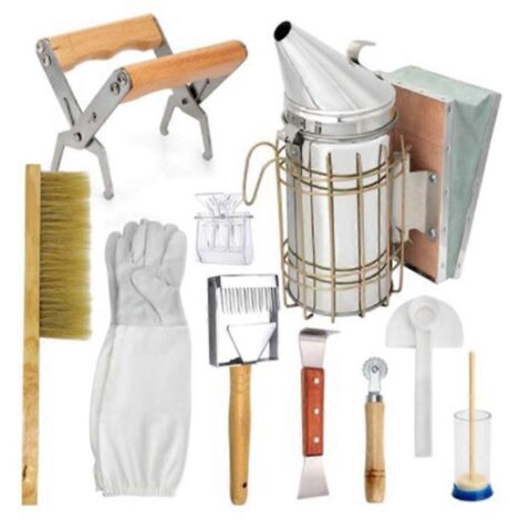 Set d'outils d'apiculture en acier inoxydable : enfumoir, brosse, gants, grattoir, couteau à miel, clip. Kit complet pour apiculteur débutant.
