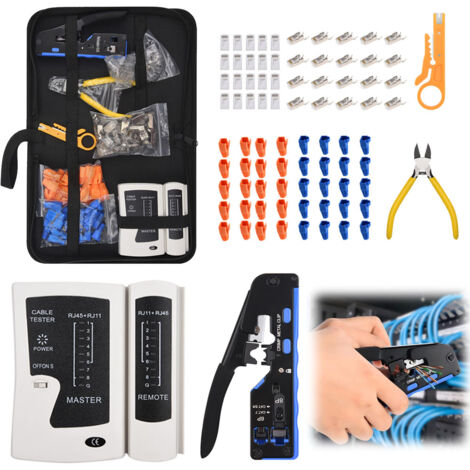 Set d'outils pour réseau, 1 pince à sertir RJ45, 40 connecteurs réseau blindés Cat7/Cat6, 40 protections anti-pliage, 1 pince à dénuder, 1 pince coupante latérale, 1 testeur LAN, 1 sac à outils avec f