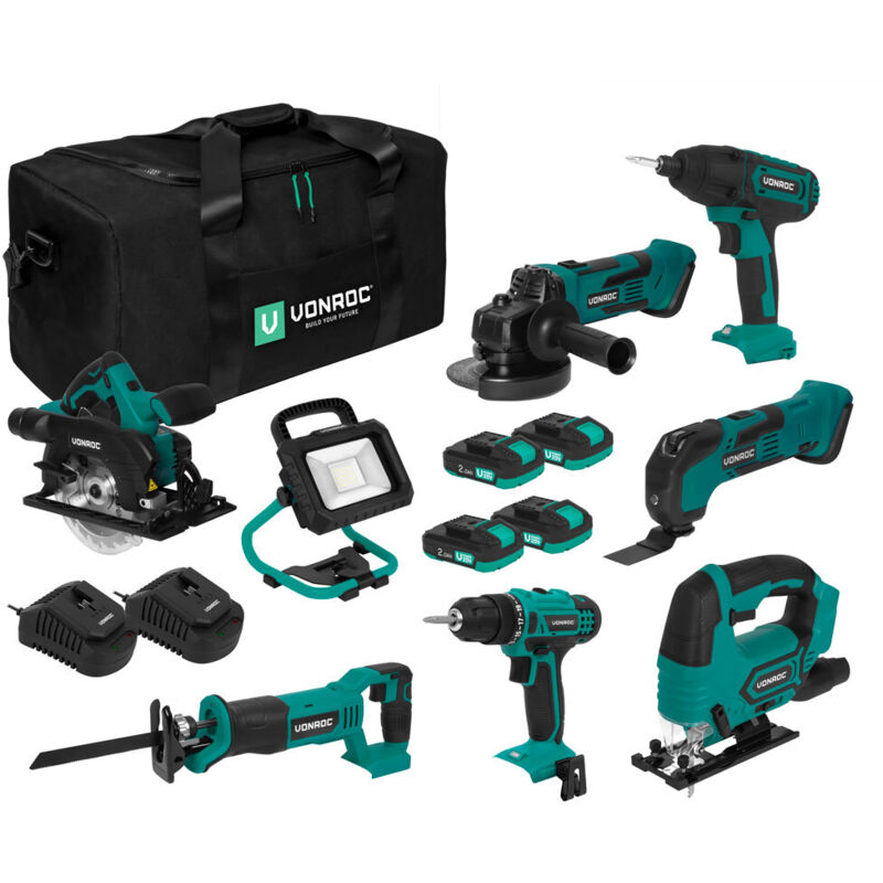 Vonroc - Set d'outils Plate-forme 20V - Perceuse à percussion sans fil, scie sauteuse, multi-outil, meuleuse d'angle, scie circulaire, visseuse à