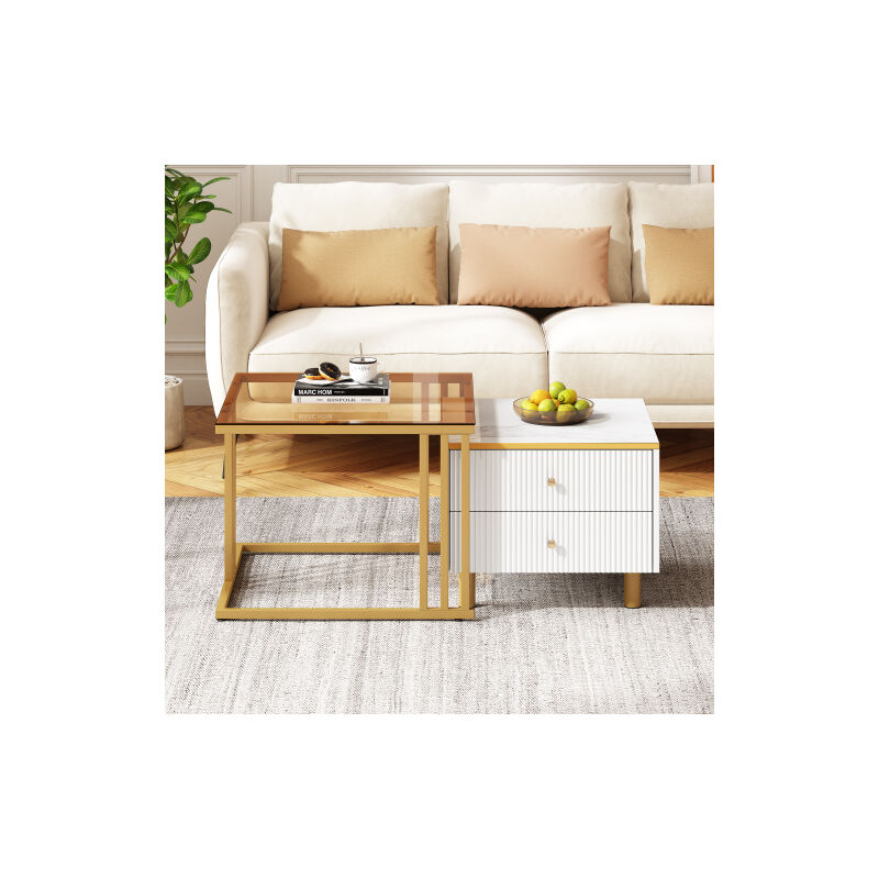 Ineasicer - Set élégant de 2 tables basses, tables carrées en verre marron thé et aspect marbre, 59.56045.6cm +505040cm, 2 tiroirs, supporte jusqu'à