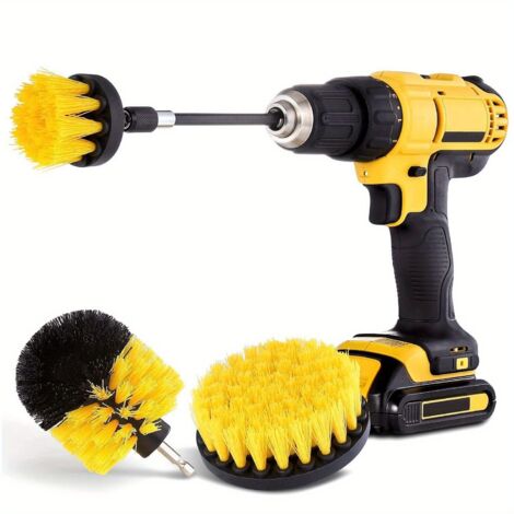 Set elektrischer Bürsten (gelb, 4-teilig) zur Reinigung von Küchen- und Badezimmeroberflächen, Badewannen und Waschbecken.