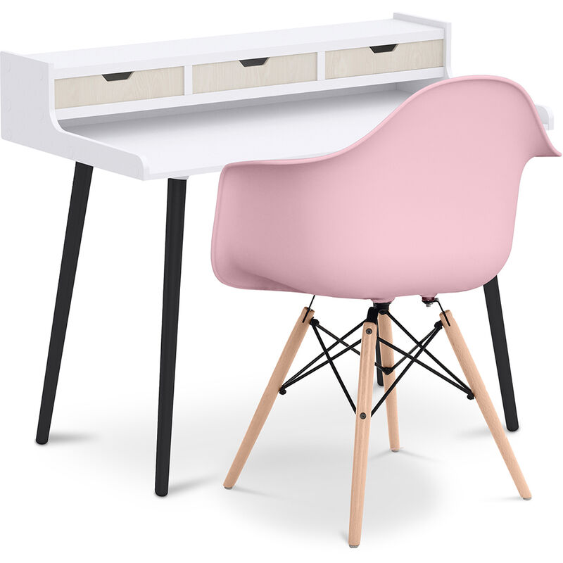 

Set Escritorio de madera diseño escandinavo Thora y Silla James Madera con reposabrazos Premium Mate Rosa pastel