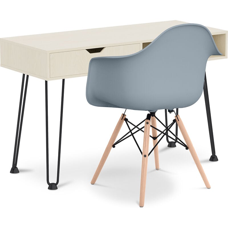 

Set Escritorio de madera patas de horquilla diseño escandinavo Andor y Silla James Madera con reposabrazos Premium Mate Gris claro