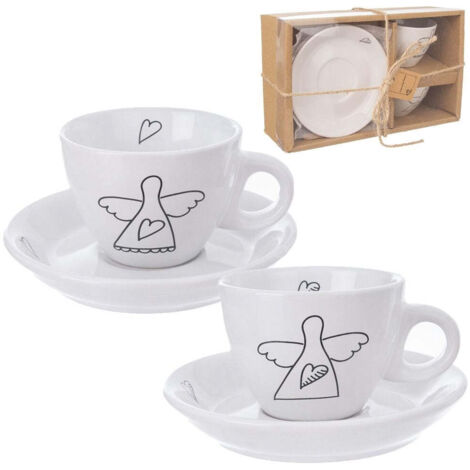 Set espresso motivo angelo 2 tazzine e piattino in ceramica bianca