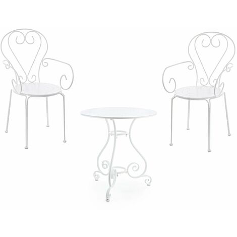 Set "Etienne" Runder Couchtisch mit farbigen Sesseln aus pulverbeschichtetem Stahl für Garten und Bar in matter Ausführung -Bausatz mit zwei Sesseln und Tisch / Weiß