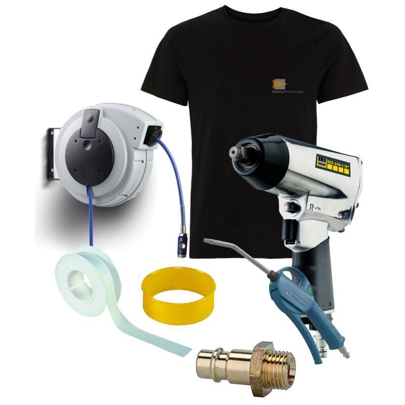 DF - promotion set-fairair Enrouleur de tuyau PU1015 Pistolet de soufflage, clé à chocs & T-shirt en xl
