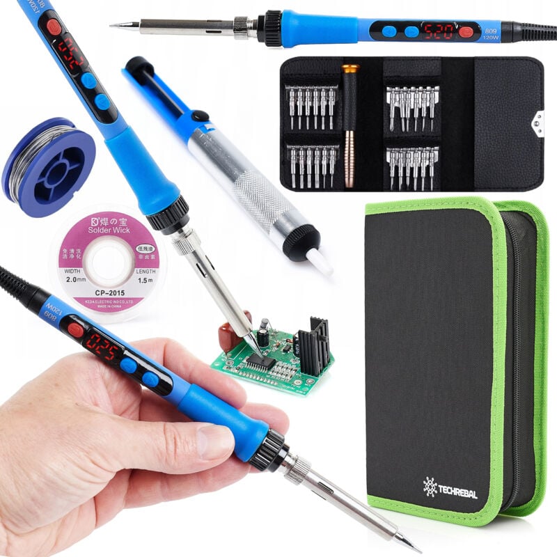 Set Fer à souder de précision avec display 120W + tresse + étain + buse d'aspiration + coffret