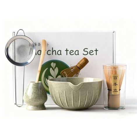 Set Fouet Matcha - Bol En Céramique Sans Plomb - Support Fouet - Cuillère À Thé En Bambou - Filtre En Acier Inoxydable - 5 Pièces