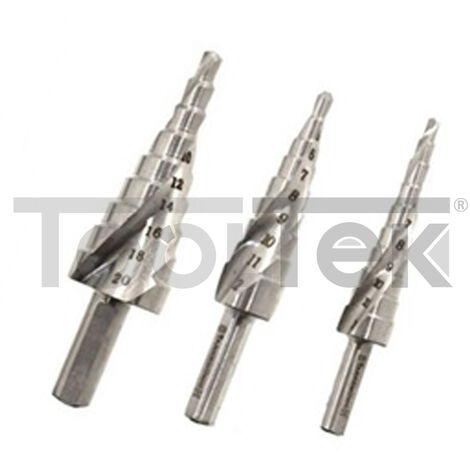 SET FRESE 3pz CONICHE ALLARGAFORI A GRADINO ACCIAIO 3-20mm