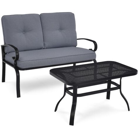 Set giardino 2 pezzi cuscini imbottiti panchina 2 posti tavolino balcone grigio scuro