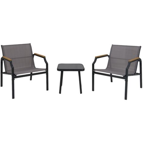 Set giardino 3 pezzi poltrona tavolo sedile tessuto traspirante braccioli legno-plastica grigio