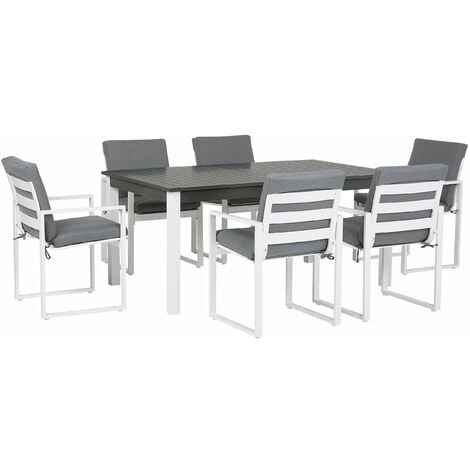 Set Giardino Tavolo Allungabile Alluminio Bianco 6 Sedie Cuscini Grigi Pancole