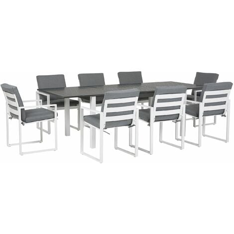 Set Giardino Tavolo Allungabile Alluminio Bianco 8 Sedie Cuscini Grigi Pancole