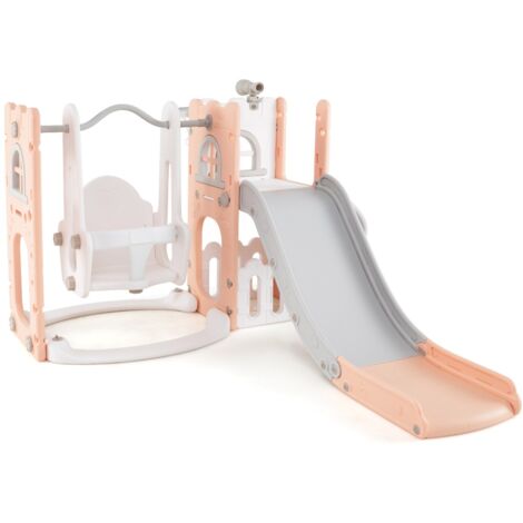 Set gioco bambini altalena basket telescopio portaoggetti 7 in 1 scivolo altalena L grigio rosa