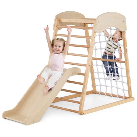 Set gioco da arrampicata in legno con ancoraggi al pavimento, Parco giochi con rampicata a doppia faccia Naturale