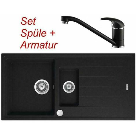 SET Granitspüle schwarz Victory S1000 + VAF Armatur 9205 schwarz Granitarmatur