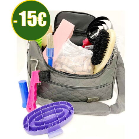 Set grooming RISPARMIO 15 Euro. 9 pezzi borsone più accessori più biscotti per cavalli - Grigio Scuro