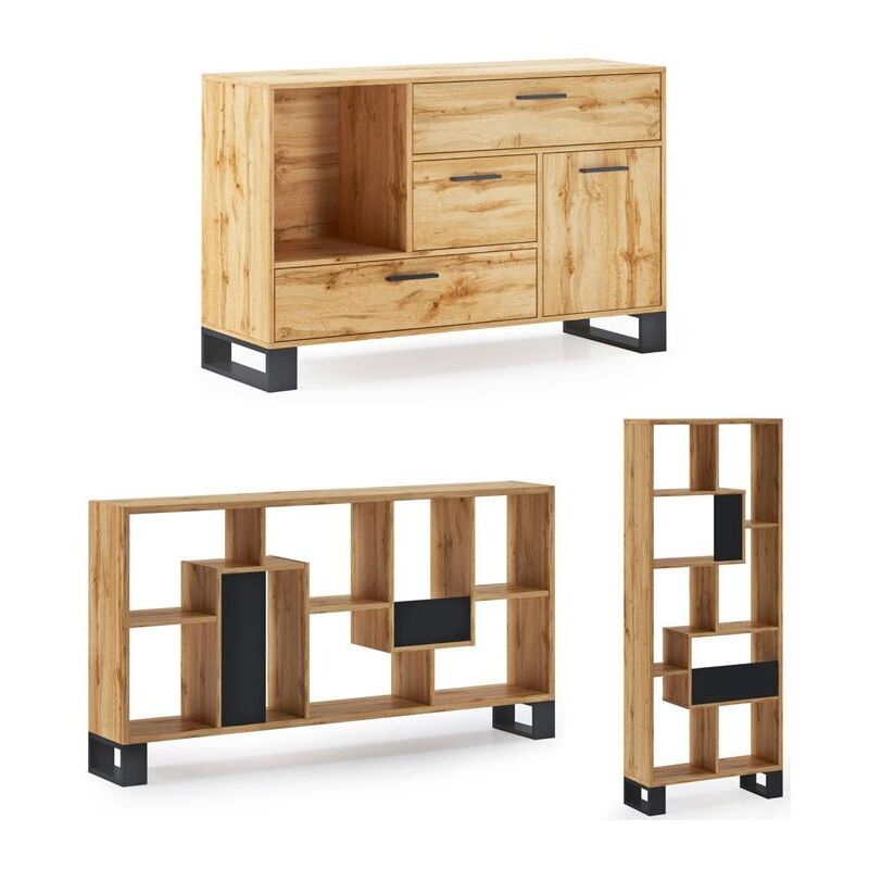 Skraut Home - Set Hall d'entrée Loft-Rustique-buffet-Étagère-salle à manger-meuble auxilier-structure chêne rustique - pieds noir