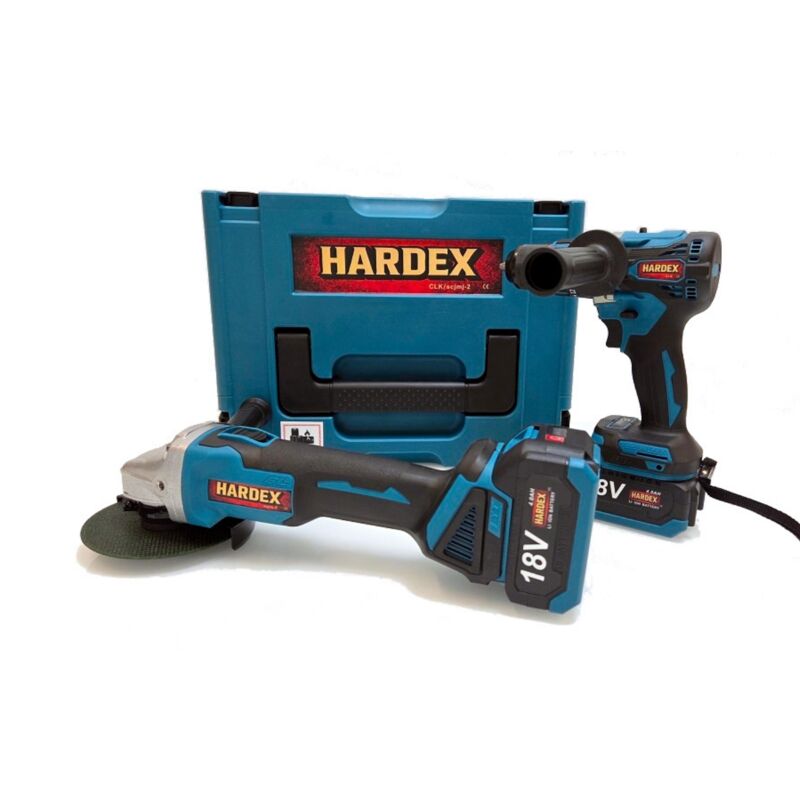 Set HARDEX 2 in 1: trapano avvitatore da 45 Nm, smerigliatrice angolare da 125 mm, 2 batterie da 4,0 Ah