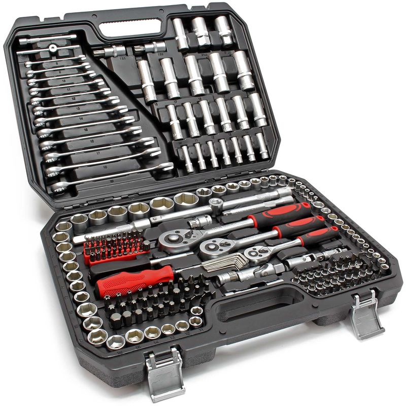 

Set herramientas 215 piezas Llaves vaso Llaves tuercas Carracas Puntas destornillador Llaves allen