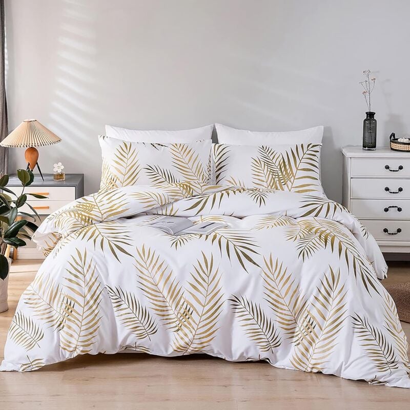 Duvet cover set 220 x 240 cm for 2 people and 2 x pillowcases 50 x 75 cm, bedding set made of 100% microfiber, golden tropical leaves, botanical