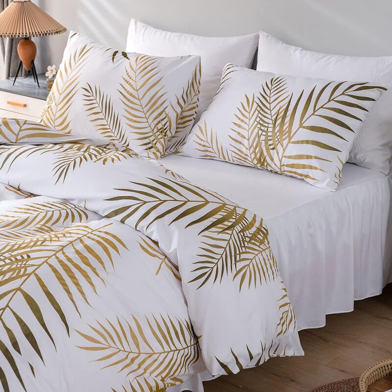 Set Housse de Couette 220x240 cm Motif Feuilles Tropicales Dorées Botanique 2 Personnes et 2 x Taies d'oreiller 50x75 cm 100% Microfibre Parure de