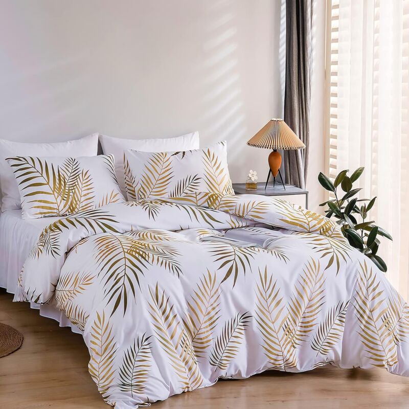Set Housse de Couette 220x240 cm Motif Feuilles Tropicales Dorées Botanique 2 Personnes et 2 x Taies d'oreiller 65x65 cm 100% Microfibre Parure de