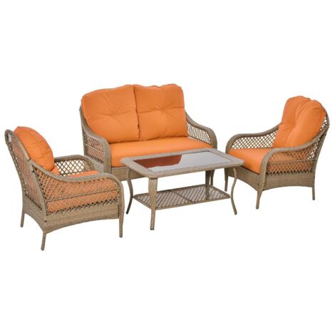 SET IN RATTAN PE CON 2 POLTRONE DIVANO E TAVOLINO E CUSCINI ARANCIONE