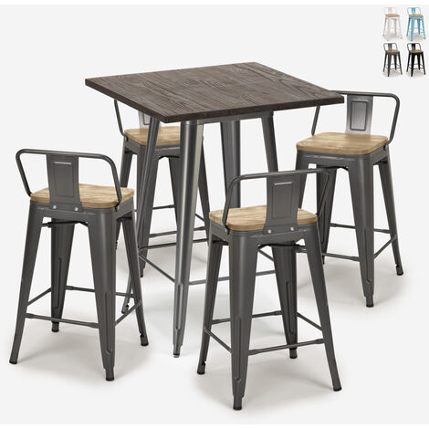 Set industriale 4 sgabelli tolix tavolino bar 60x60cm legno metallo Rough