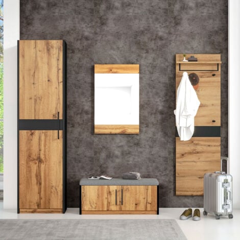 Set ingresso da 4 pezzi con 1 armadio, 1 pratico mobile a muro, 1 panca e 1 specchio, altezza 190 cm, marrone