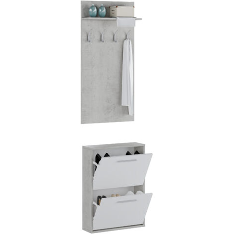 Set Ingresso Salvaspazio con Scarpiera 2 Ribalte e Appendiabiti da Parete con Mensola Mobile Ingresso Moderno Soggiorno Portascarpe Giacche 54 x 73 x 18 Cm Bianco E Grigio Cemento