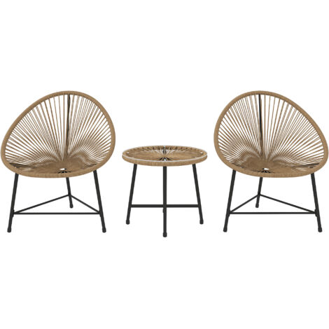 Set Jardin 3 Pièces en Acier et PE Tressé, 2 Chaises et Table Basse, Couleur Noir et Bois