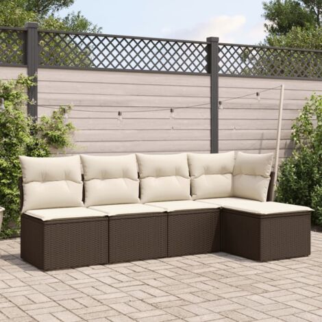 Set Jardin Extérieur Résine Tressée Marron 5 pièces - Salon Modulaire avec Coussins Blancs Crème, 4 Sièges et 1 Pouf, Stockage, Lavable