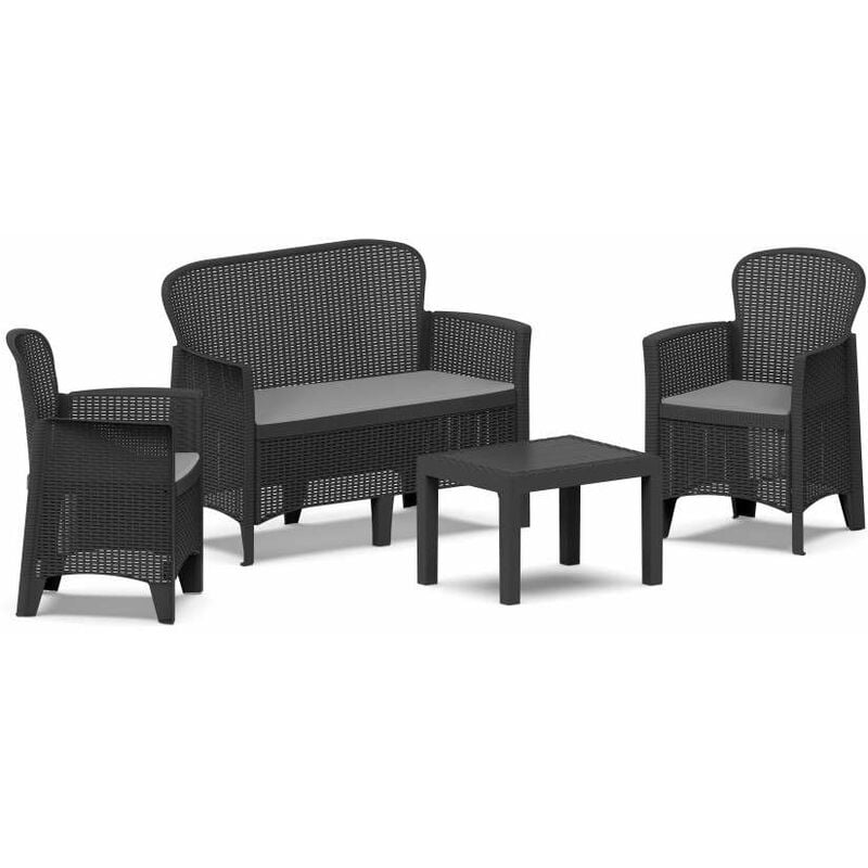 Set salotto da esterno, Set da giardino con 2 poltrone, 1 divano ed 1 tavolino, Salottino effetto rattan con cuscini, 100% Made in Italy, Antracite