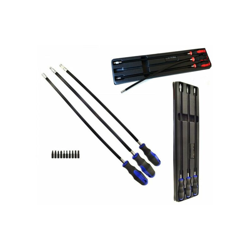 Set 3 cacciaviti cacciavite extra lunghi flessibili da 600mm + 10 inserti