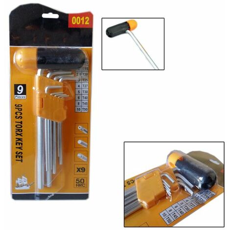 SET KIT 9 CHIAVI ESAGONALI LUNGHE AD ELLE MANICO MANDRINO FORATO DA T10 A T50