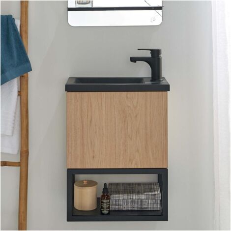 Set lavabo sospeso NOVA in metallo e legno con rubinetto nero