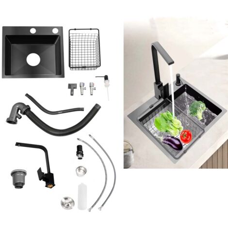 Set lavello da cucina BOMCLAP MOORLE Mini, lavello in acciaio inox a vasca singola con rubinetto girevole a 360°, filtro e tubo di scarico, 45 x 40 cm