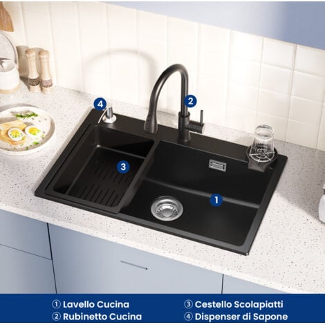 CECIPA MAX Set lavello da cucina in granito 70×45 cm con rubinetto estraibile a due funzioni, scolapiatti e dispenser di sapone, lavello da appoggio adatto per mobili di oltre 80 cm