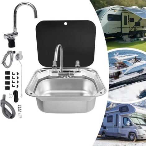 Set lavello in acciaio BOMCLAP MOORLE per camper con miscelatore acqua calda/fredda, rubinetto pieghevole e coperchio in vetro temperato